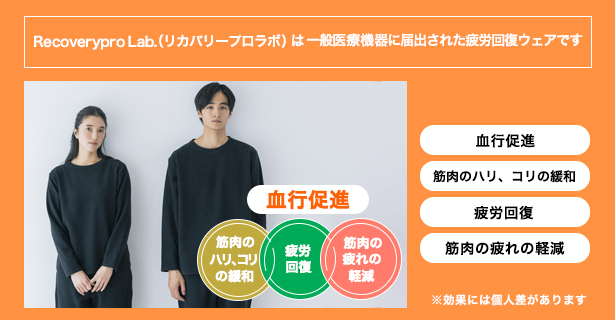 疲労回復ウェア リカバリープロラボ は一般医療機器に届出された疲労回復ルームウェアです