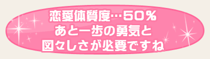恋愛体質度…50％　あと一歩の勇気と図々しさが必要ですね